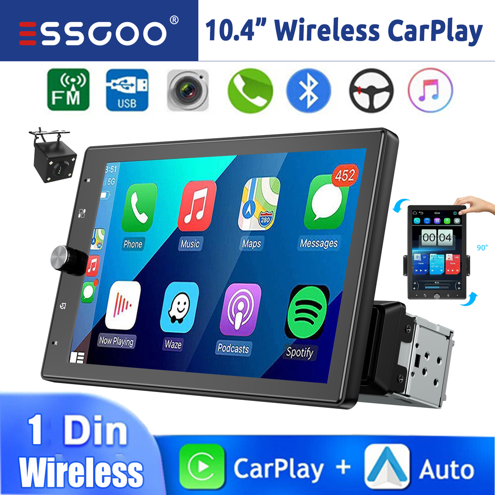 10.4" Single DIN Rotatable Wireless Carplay Android Auto Radio Car Stereo Camera