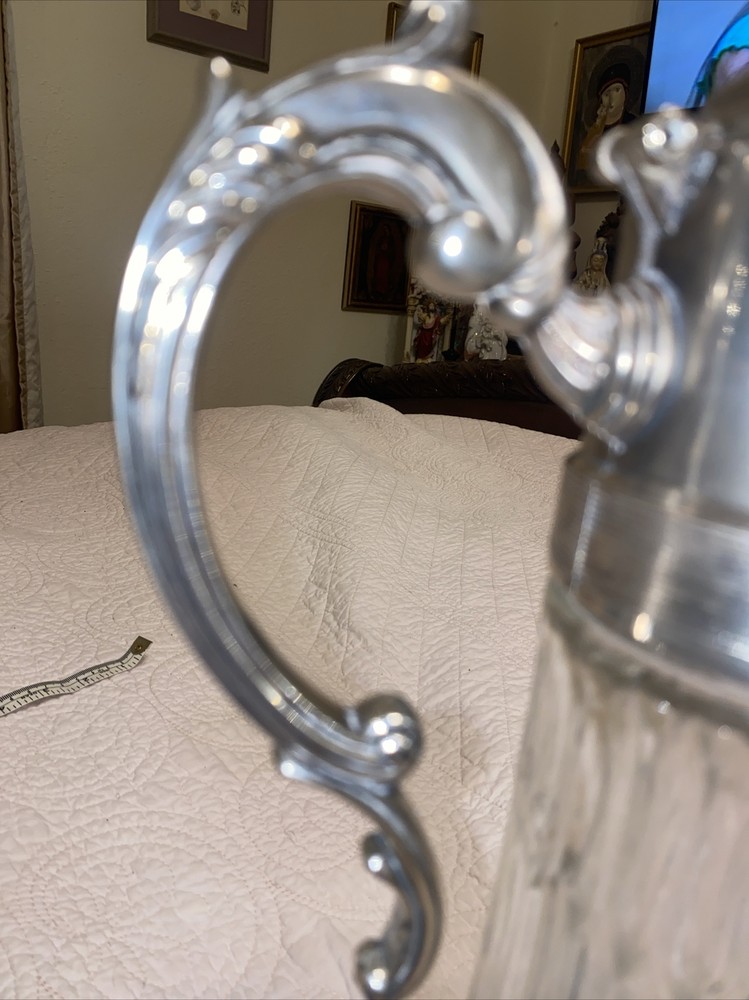 Antique Heavy Unique Crystal and Silver Pitcher w/hinged Lid Excellent Condition