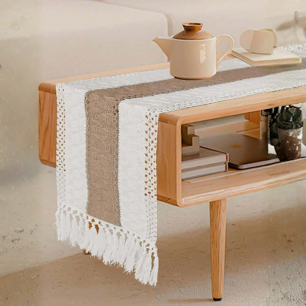 Boho Table Runner With Tassels Cream & Brown Macrame Woven Table Runner Mat