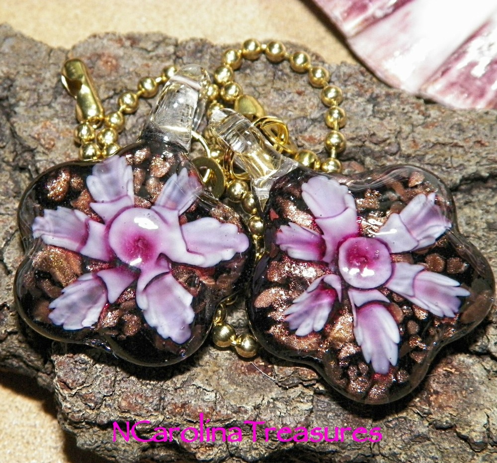 PURPLE FLORAL STAR BLACK GLITTER GLASS CEILING FAN LIGHT SWITCH PULL PULLS LG PR
