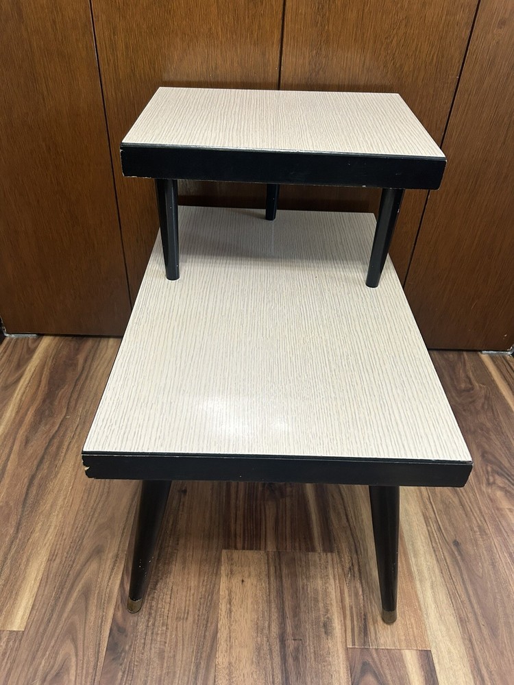Atomic Era Mid Century Modern Laminate Two-Tier End Table Laminate Step•Brass