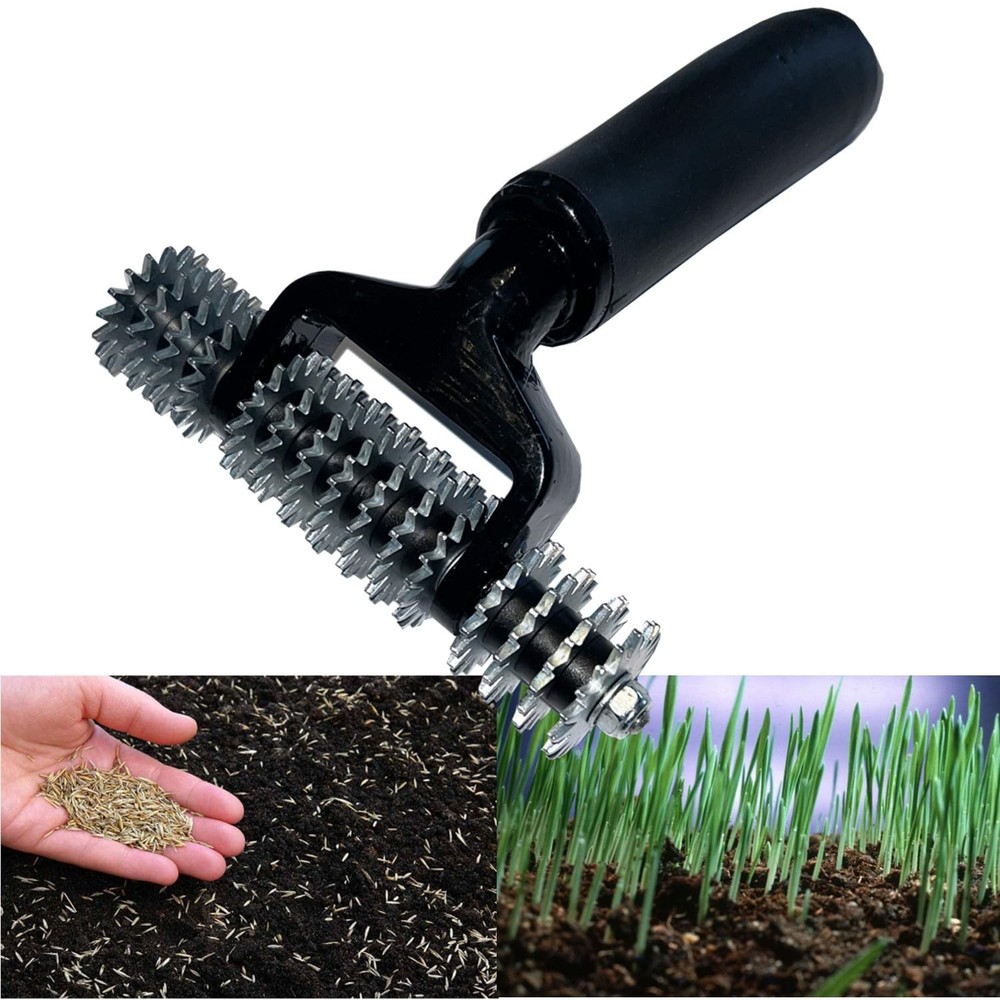 Keyfit Tools Hand Seeder Spiker Tool Grass Seed for Small Black & Silver