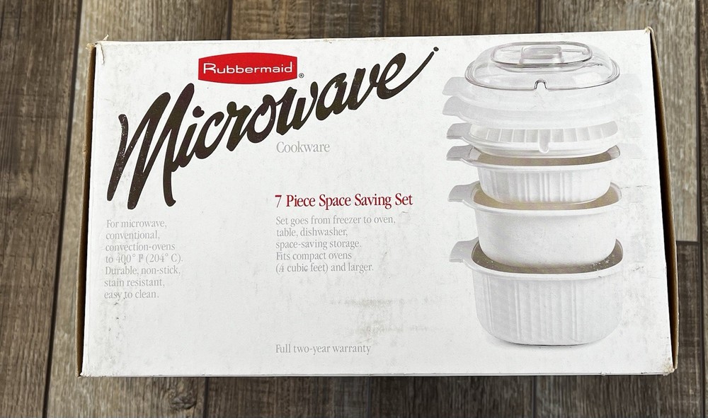 Rubbermaid Microwave Cookware 7 Piece Set White Space Saving Stackable Vintage