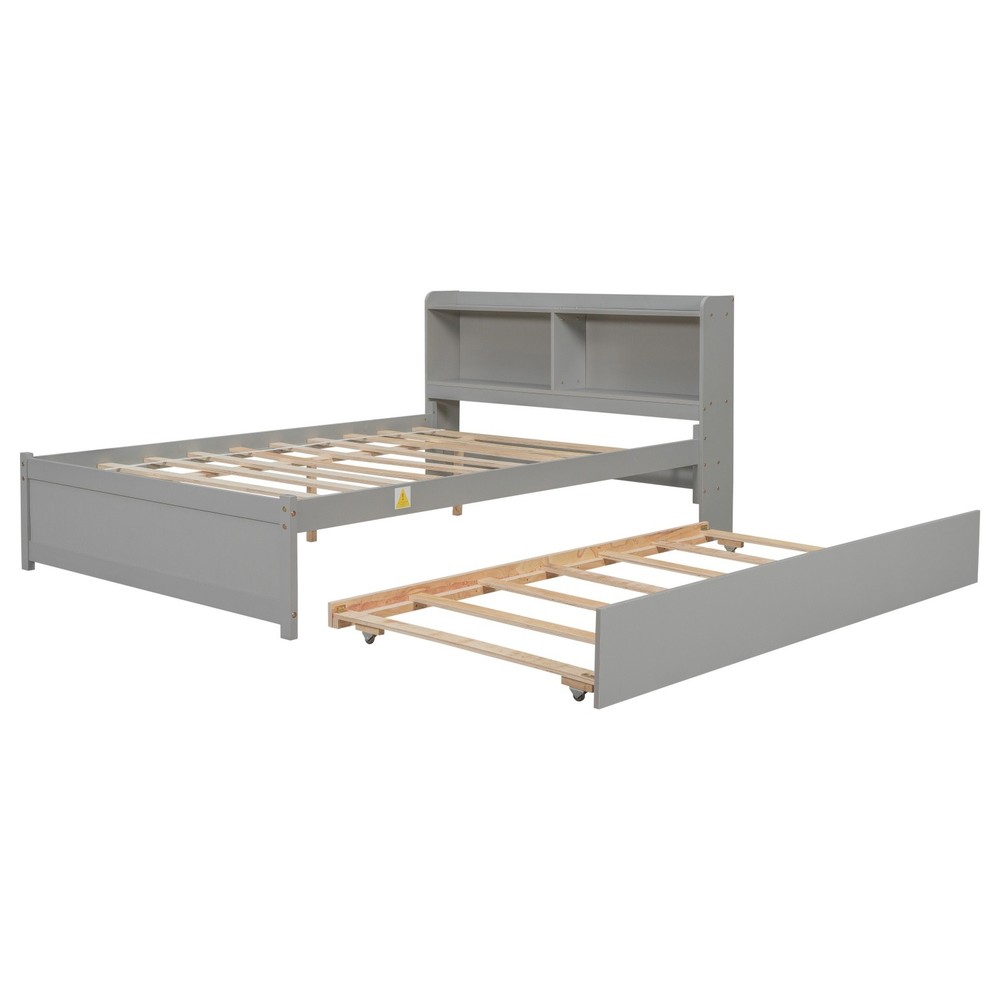 Full Size Wood Platform Bed Frame with Trundle & Storage Headboard Gray/Espresso