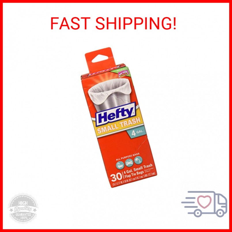 Hefty Small Trash Flap Tie Bag, 4 Gal Capacity, Gray, 30 Count