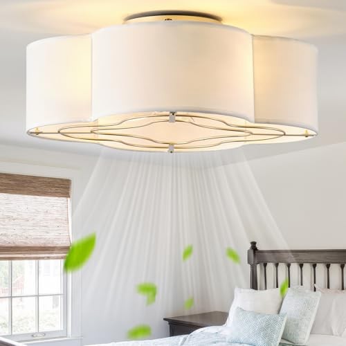 Caged Ceiling Fan with Light, Boho Flush Mount Ceiling Fan with Lights White