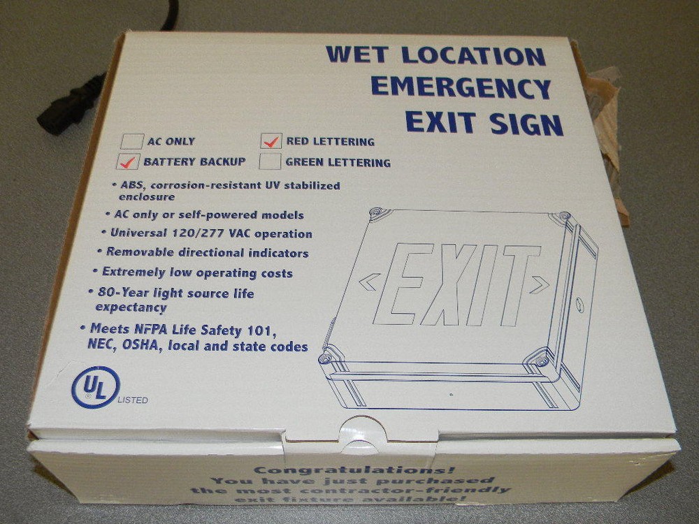 Exit Light Company Exit Sign, Wet Listed - Red LED - White Housing, Model WL-R