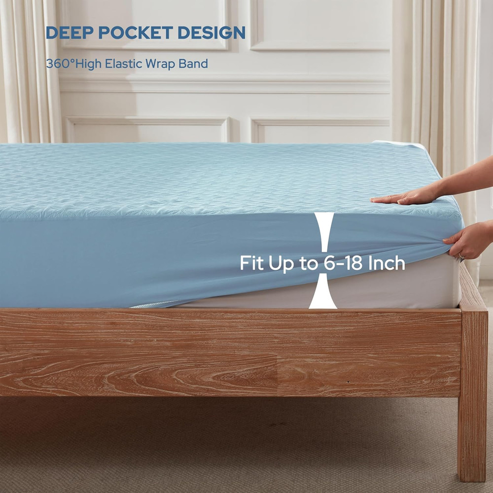 Queen Waterproof Mattress Protector Deep Pocket 6"-18" Sky Blue