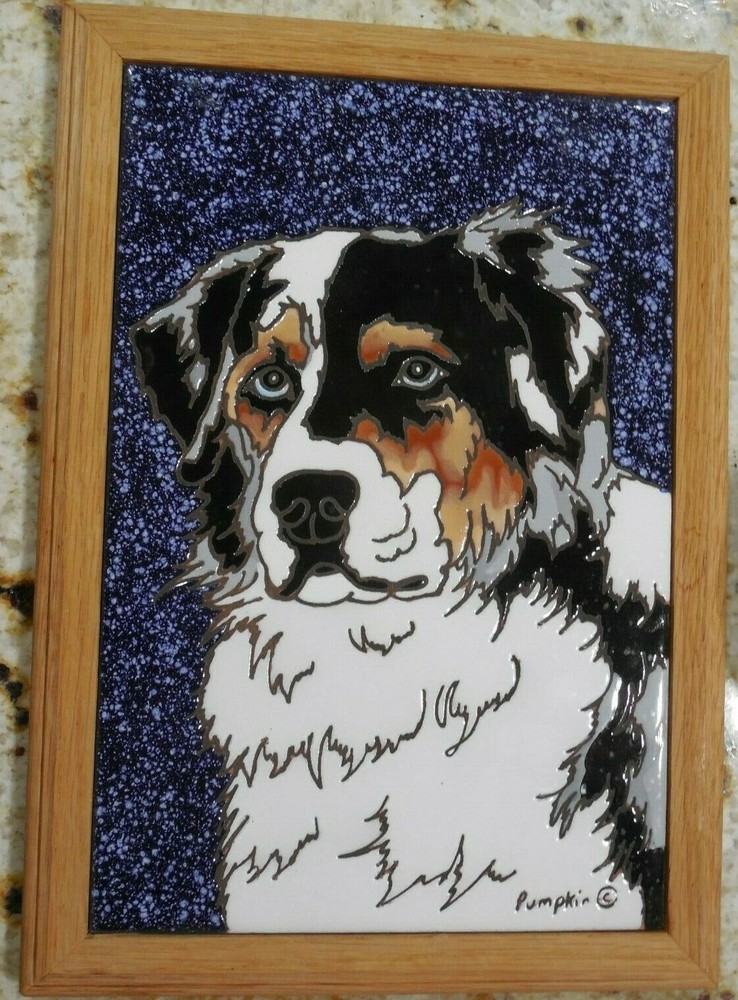 Australian Shepherd - Hand Painted Glazed Tile from Pumpkin Tile In Custom Frame