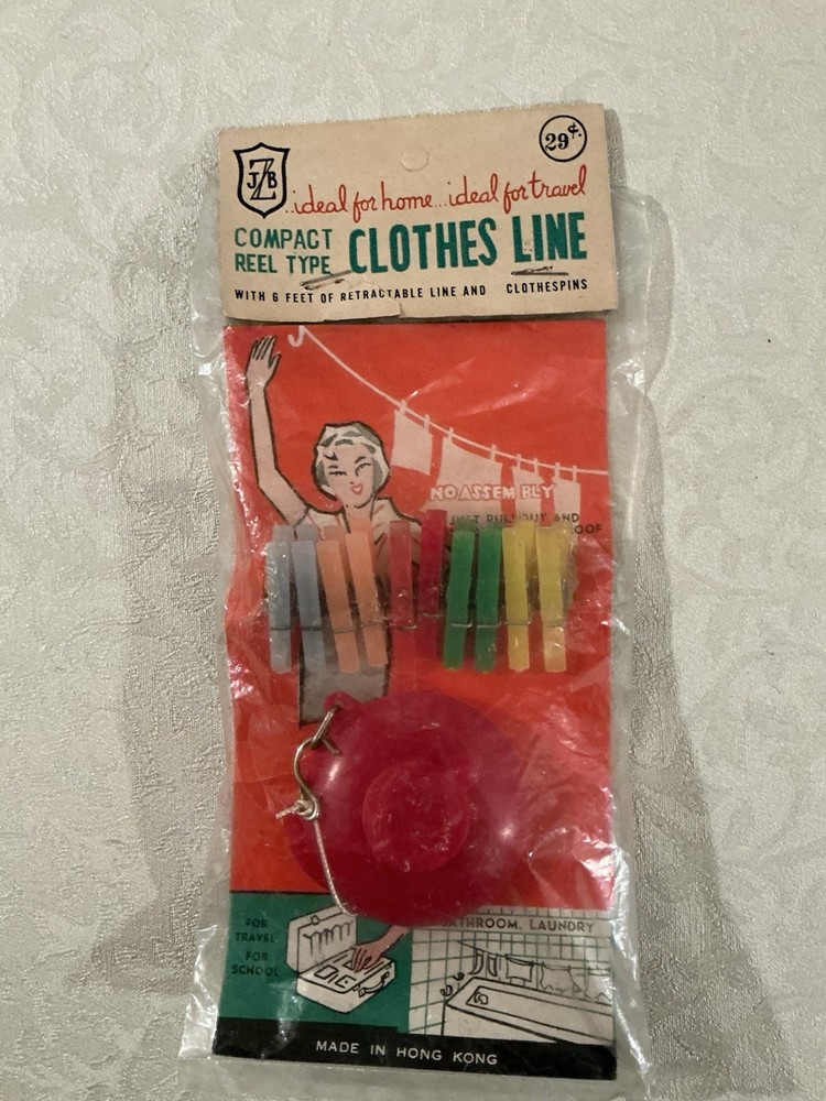 Vintage Tiny Reel Type Clothes Line + (10) Clothes Pins