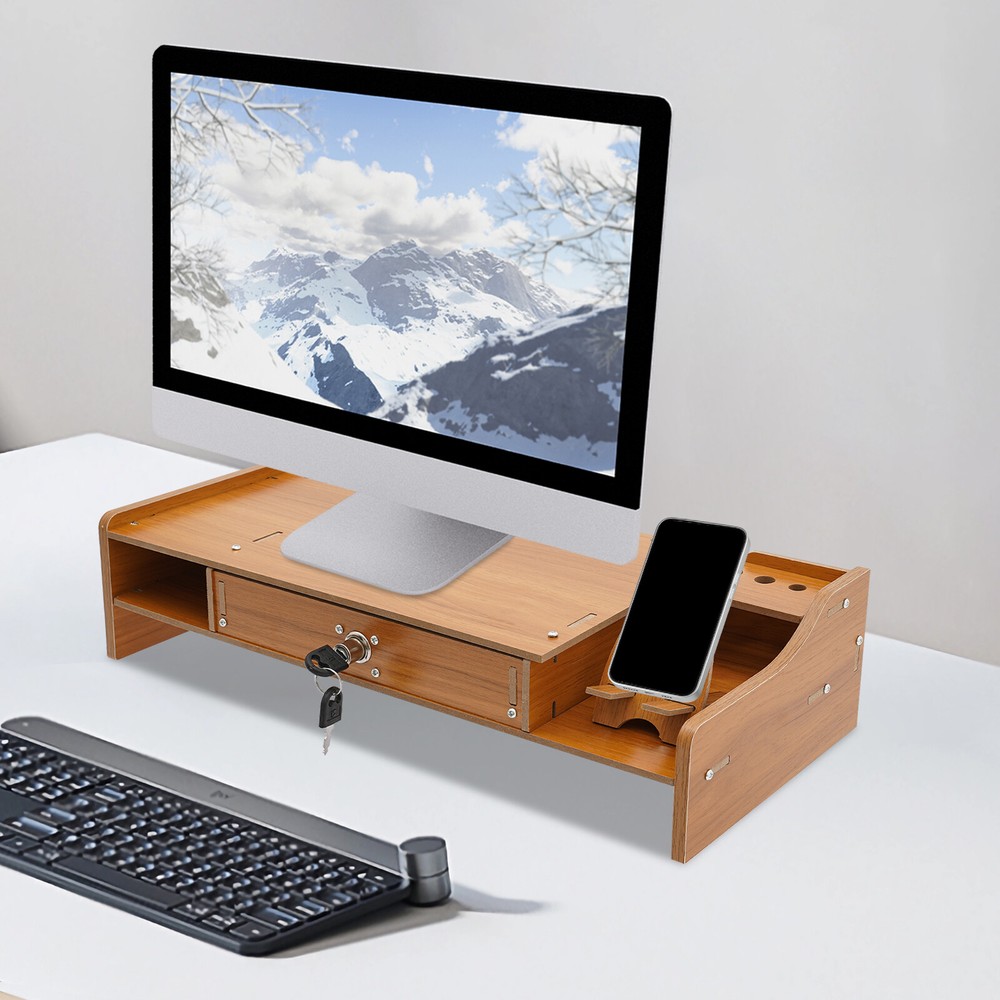 Monitor Stand Riser, Computer Laptop Riser Shelf with Lockable Organizer Drawers