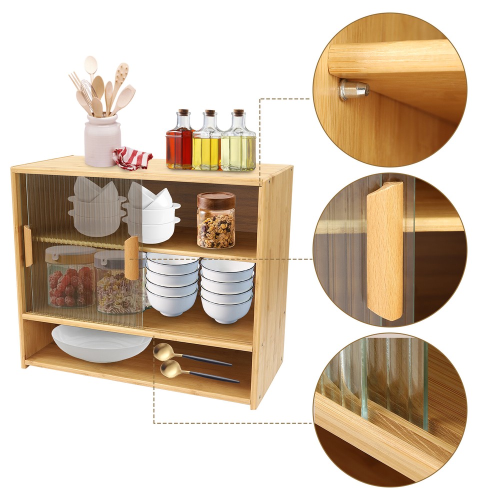 Kitchen Sideboard Bamboo Storage Cabinet with 2 Sliding Door Cupboard Sideboard