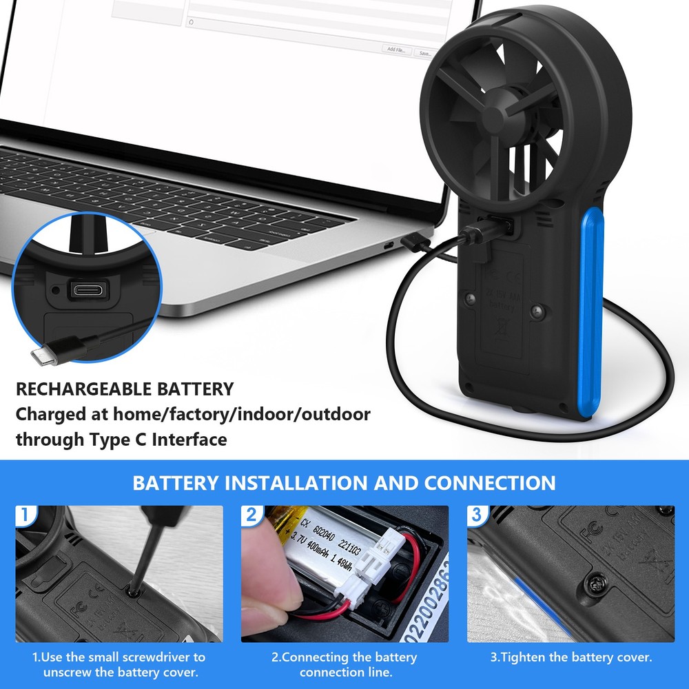 Digital Anemometer – Wind Speed, Airflow & Temperature Meter with USB-C Charging