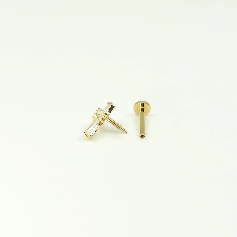 14K Solid Gold Tiny Cross Internally Threaded Labret Stud Earring(18Gauge)