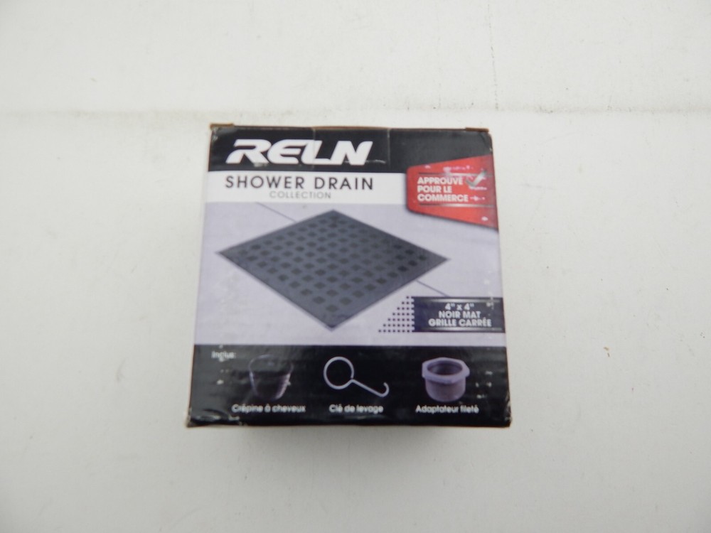 RELN - 4” x 4” Black Square Shower Drain with Square Pattern Drain Cover