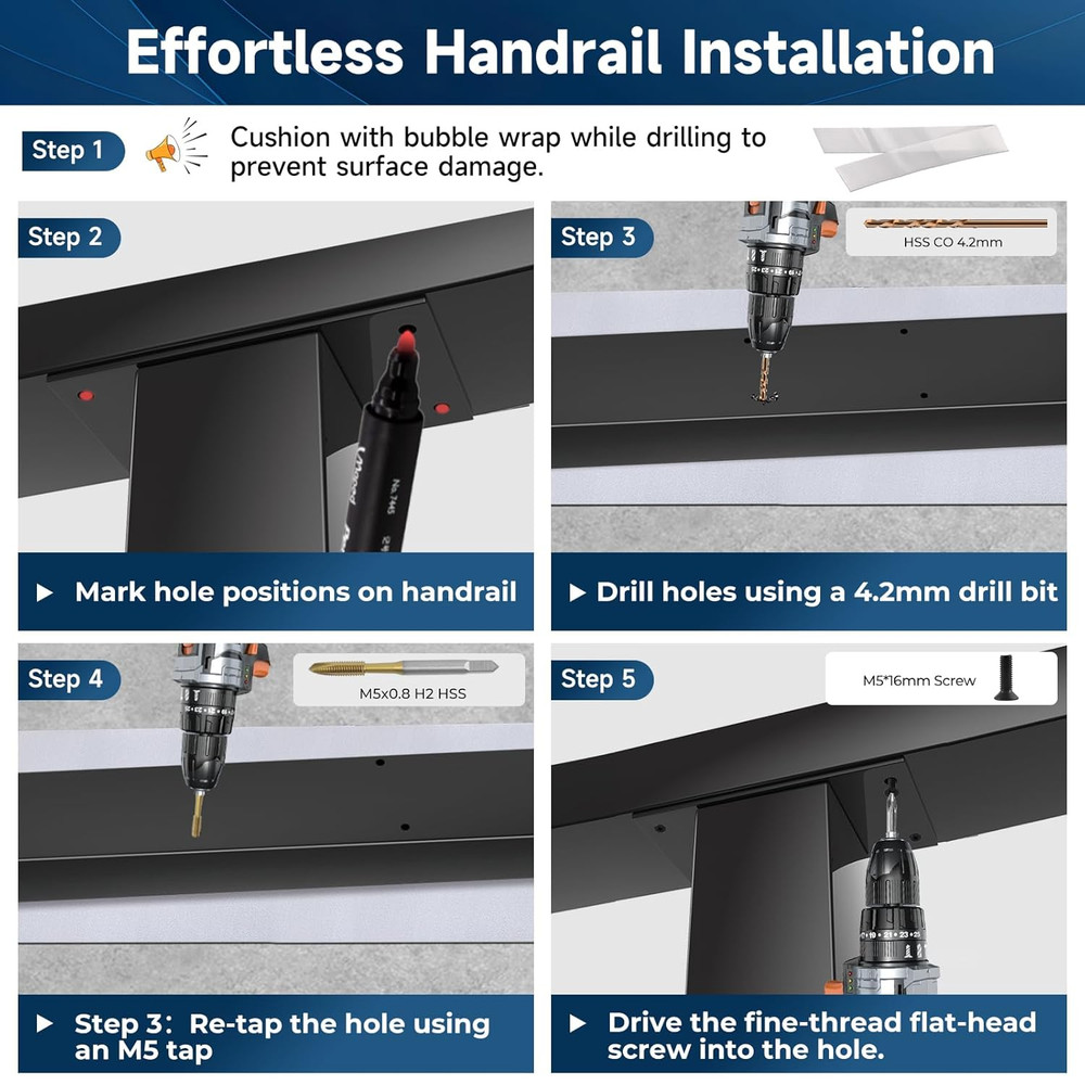 6FT Stainless Steel T304 Handrail Black, 3 Pack Rectangular Cable Railing Handra