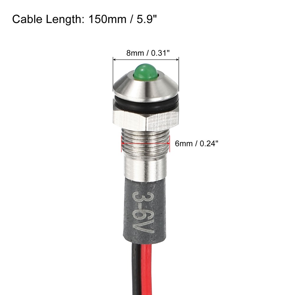 2Pcs AC/DC 3-6V 6mm Green Indicator Light Convex Panel Mount with 150mm Cable