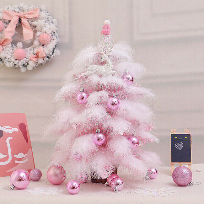 Mini Christmas Tree Tabletop Artificial Tree with Feather Leaf LED String Lights