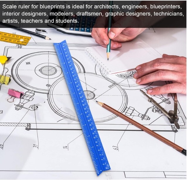 Architectural Scale Ruler,12"Aluminum Triangle Drafting Tool for Blueprints–Blue