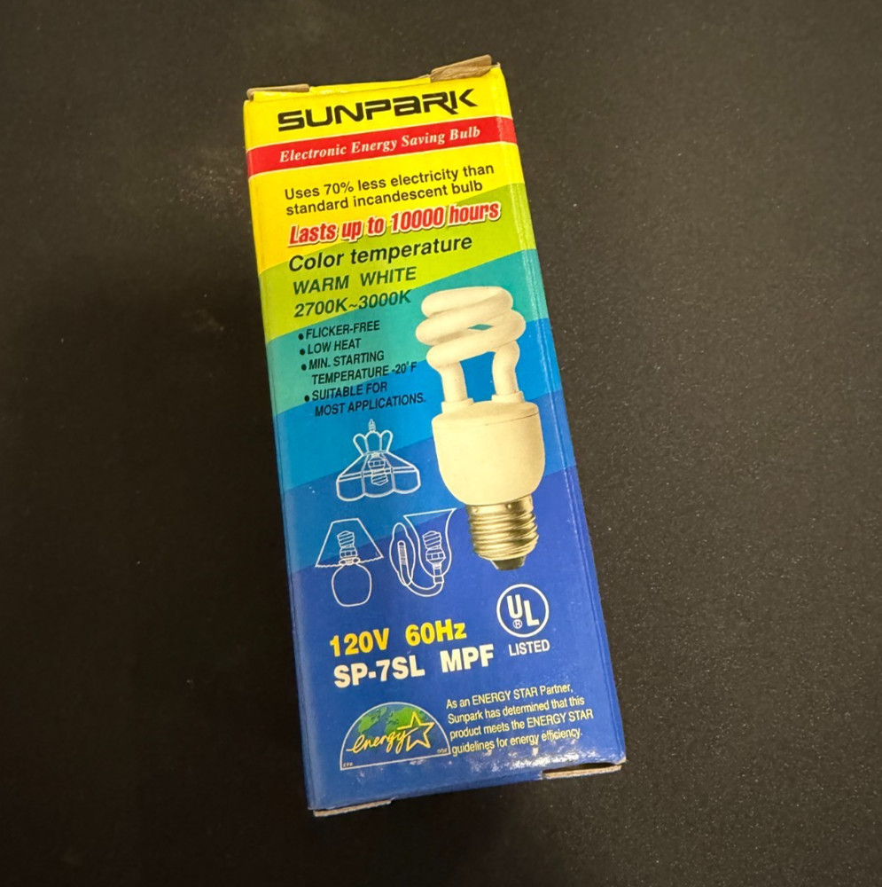 SP-7SL Sunpark 7 watt Medium Base E26 Mini Spiral CFL 2700k Light Bulb