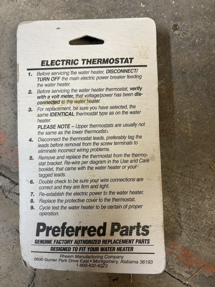 Preferred Parts Thermostat Water Heater SP12390 Vintage