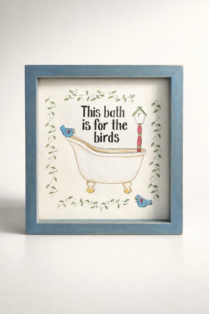 Framed Decorative Wall Art with Bird Bath Illustration
