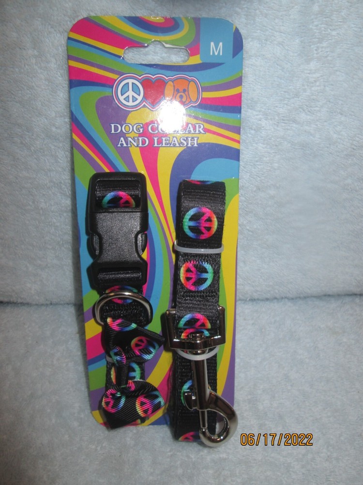 Dog Collar With Bow & Leash Peace Black Multicolor Medium See Pics For Sizing