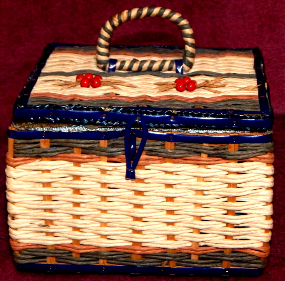 Vintage Wicker Sewing Basket w/ Plastic Storage Divider Insert