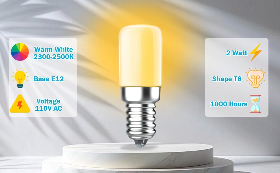 3-Pack T8 E12 LED Light Bulbs Warm White 2300-2500K, 2W Small Night Light