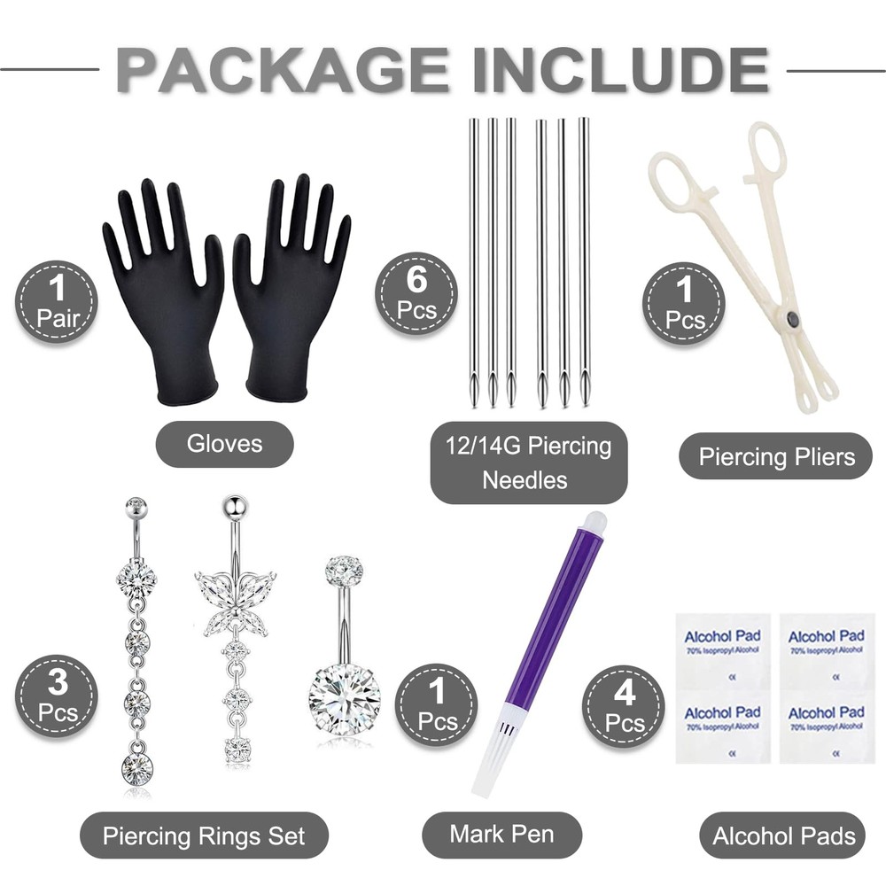 Yugui Belly Button Piercing Kit 17PCS - Body Needle kit, Silver