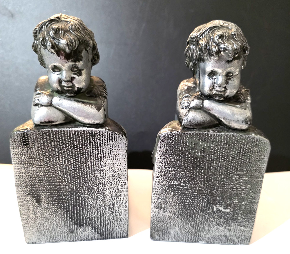 Gatco Cherub Bookends Solid Brass Silver Tone 6" Tall