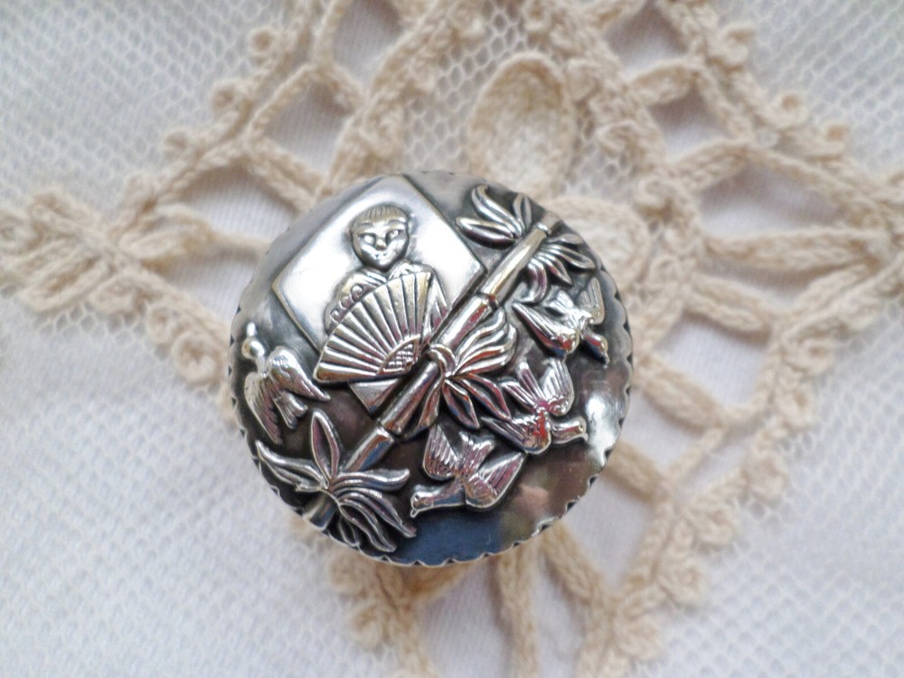Antique Silver / Silverplate Top Chinese Scene Bone Pill Box