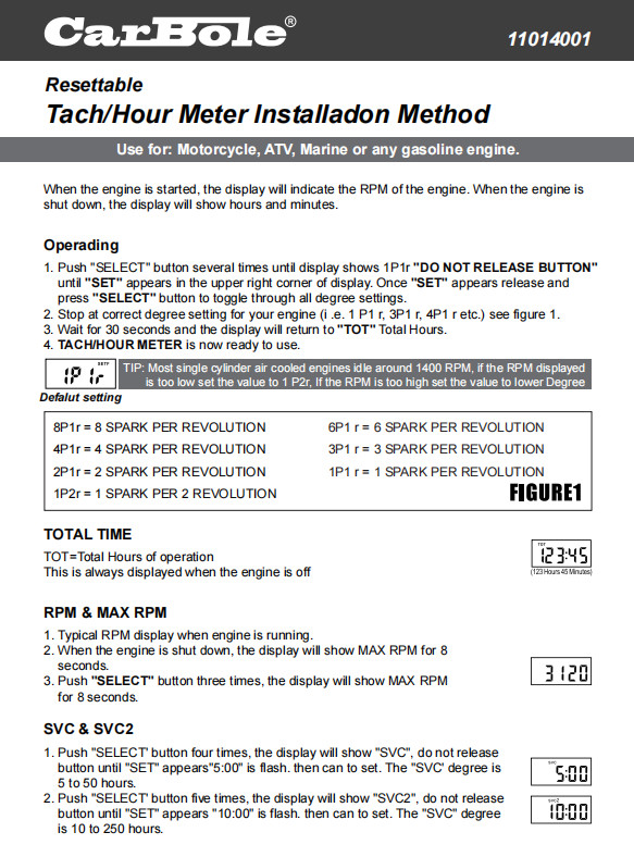 Gas Engine Digital Tachometer/Hour Meter with Adjustable Resettable Job Timer