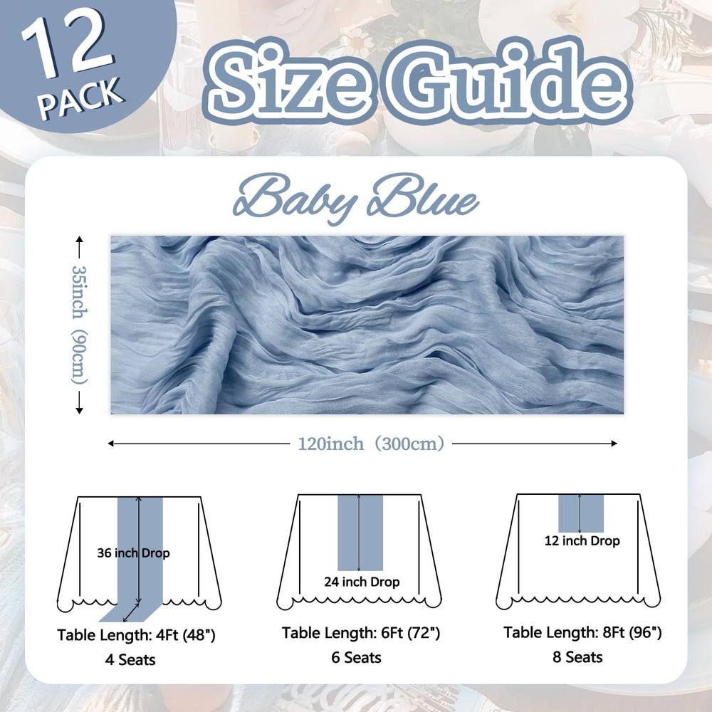 12 Pack Dusty Blue Easter Table Runner 10ft Boho Gauze Fabric Cheesecloth Tab...