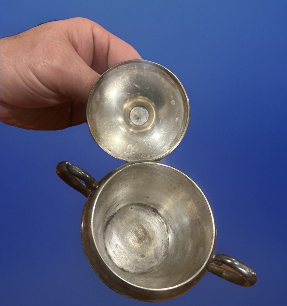 Silver On Copper Double Handled Sugar Bowl With Lid & Single Handle Creamer Set