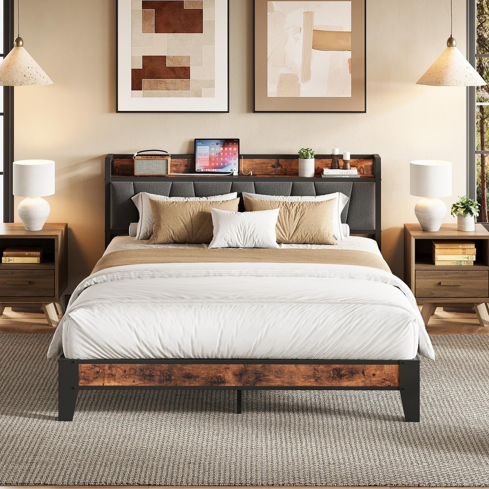 LIKIMIO Queen Bed Frame, Storage Headboard with Charging Station, Solid and S...