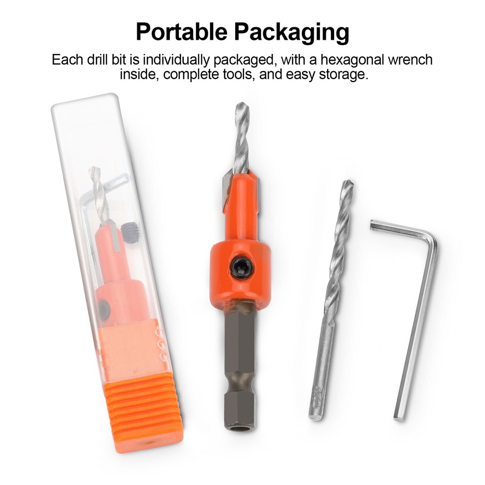 5Pcs Counter Sink Tapered Drill Bits 1/4" Hex Shank Quick Change for Woodworking