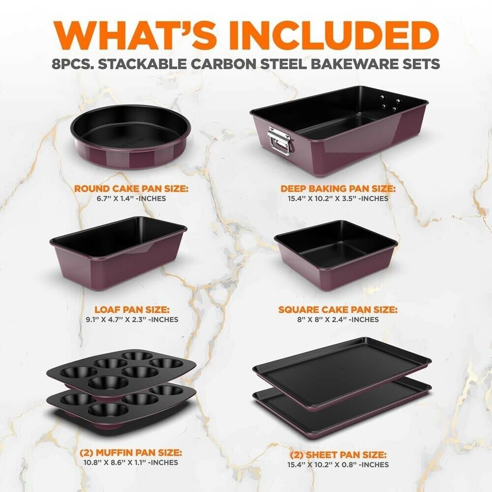 Nutrichef 8pcs. Stackable Carbon Steel Bakeware Sets- Non-Stick Coating (Purple)