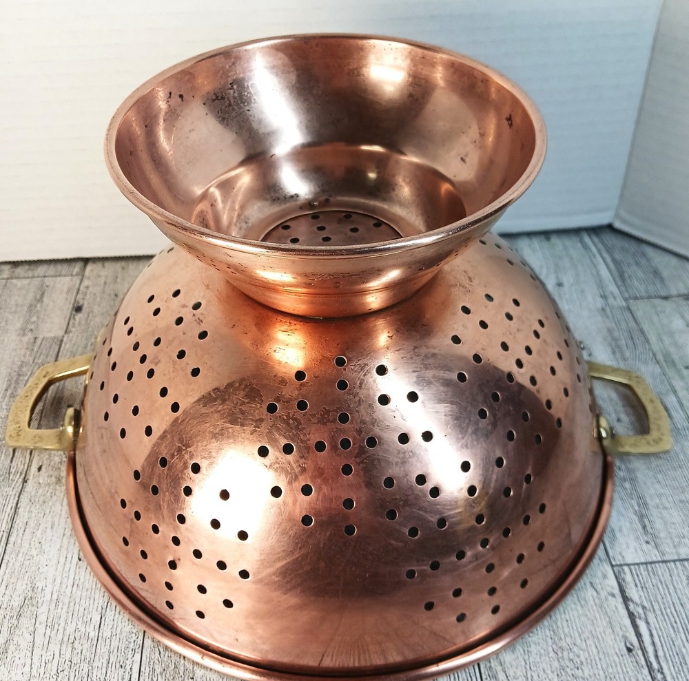 Vintage Copper Colander with Brass Handles 9” Tin-Lined Footed Strainer
