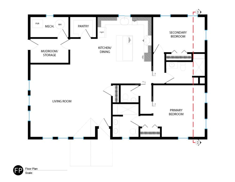 Floor Plans for a 52'x36' Home, Single Level, 2 Beds, 2.5 Baths