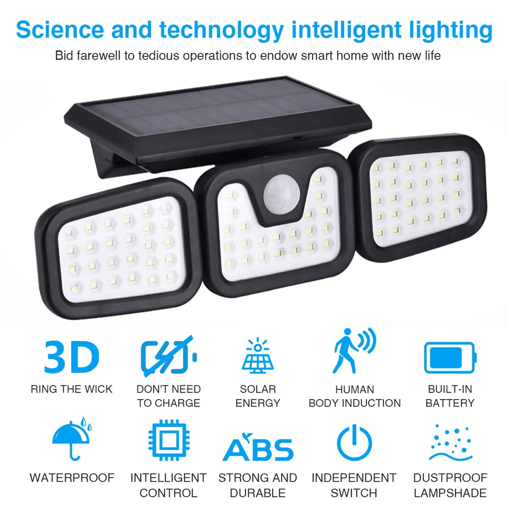 Solar Lamp Security Lights Motion Sensor 3 Head 6000LM Adjustable Flood Lights