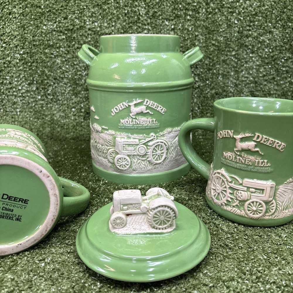 Vintage John Deere Cookie Jar And 2 Coffe Mugs