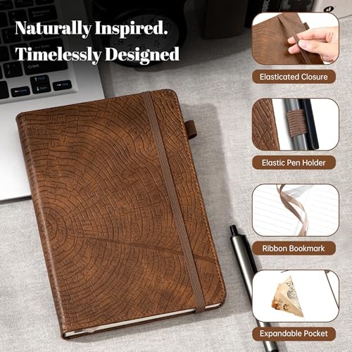 Lined Journal for Men Women, Tree Growth Ring Leather Bound Journal 1.Brwon