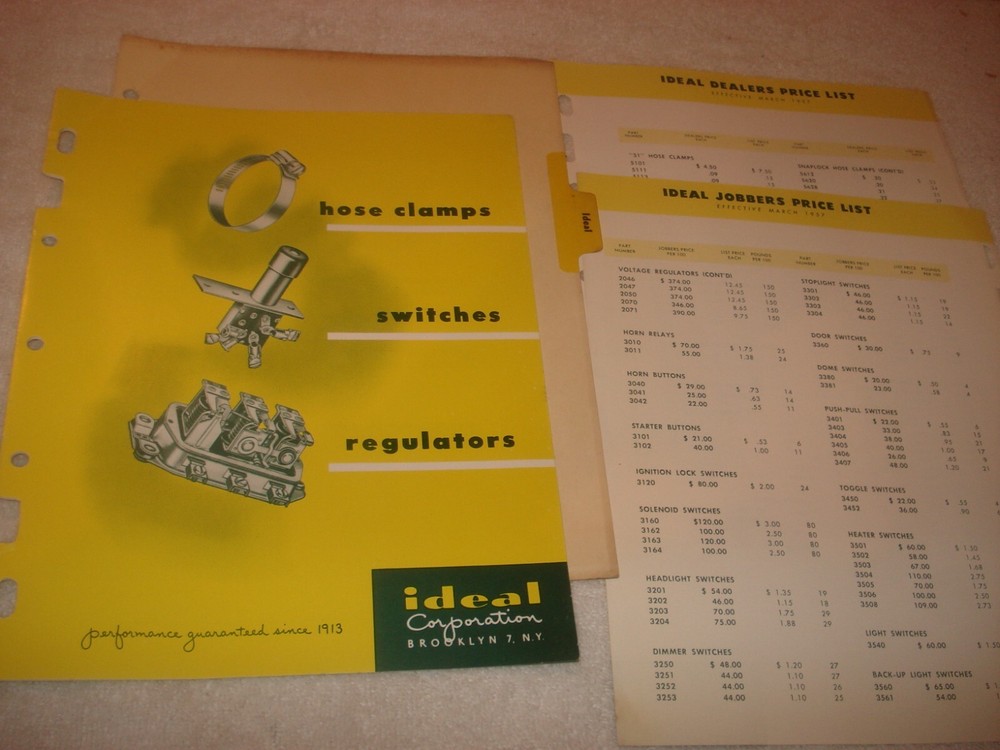 1954 Ideal Voltage Regulator Dimmer Stoplight Switch Catalog & Price Sheets