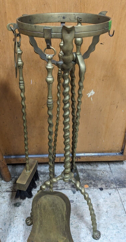 Vintage  Brass Fireplace Tool Set Barley Twist