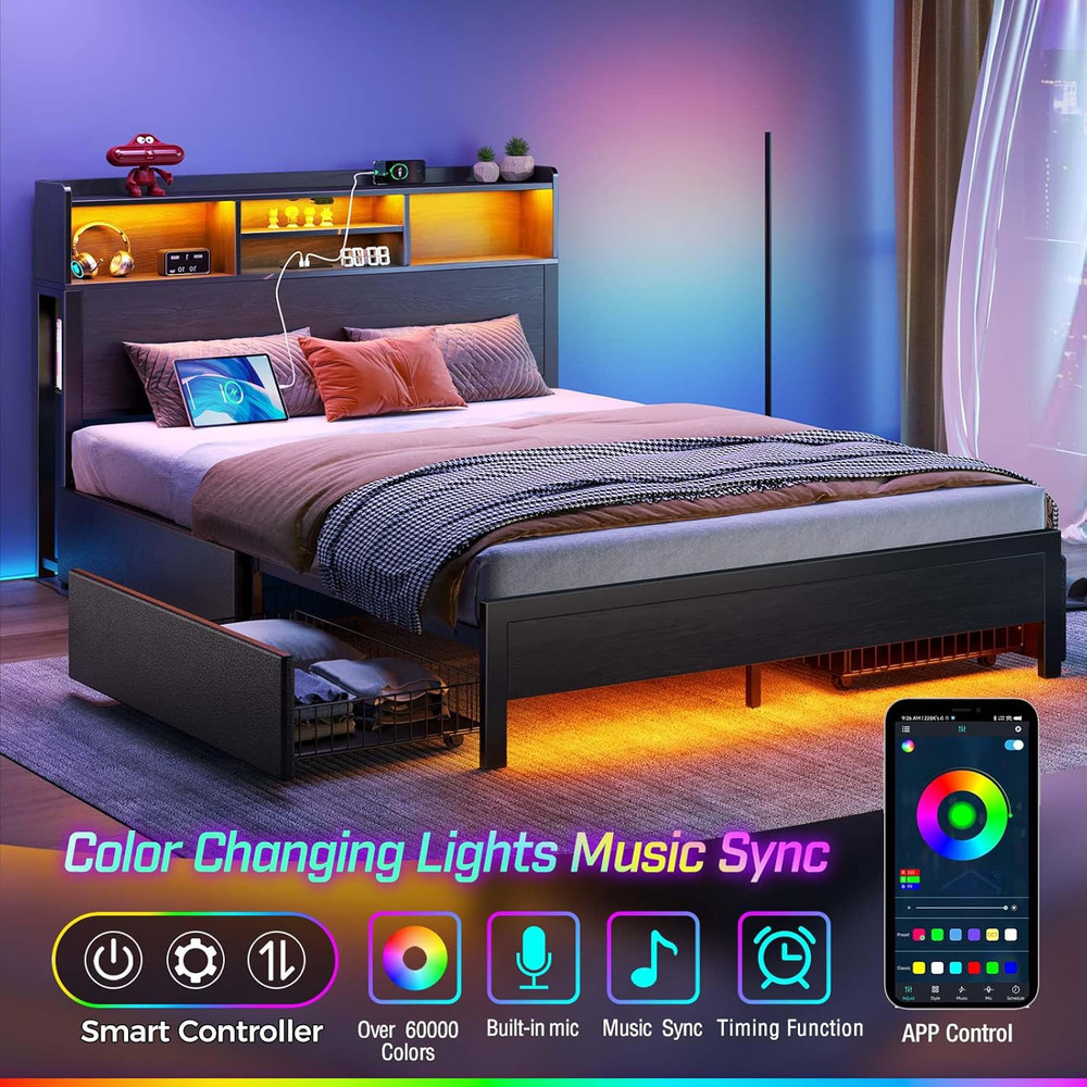 Full Bed Frame with Storage 4 Drawer Platform Bed with USB Charging Built in LED