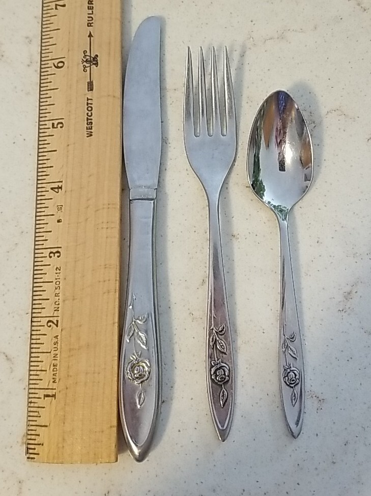Oneida Stainless Rose Pattern  Childs Dinnerware Set, One knife, fork, & spoon