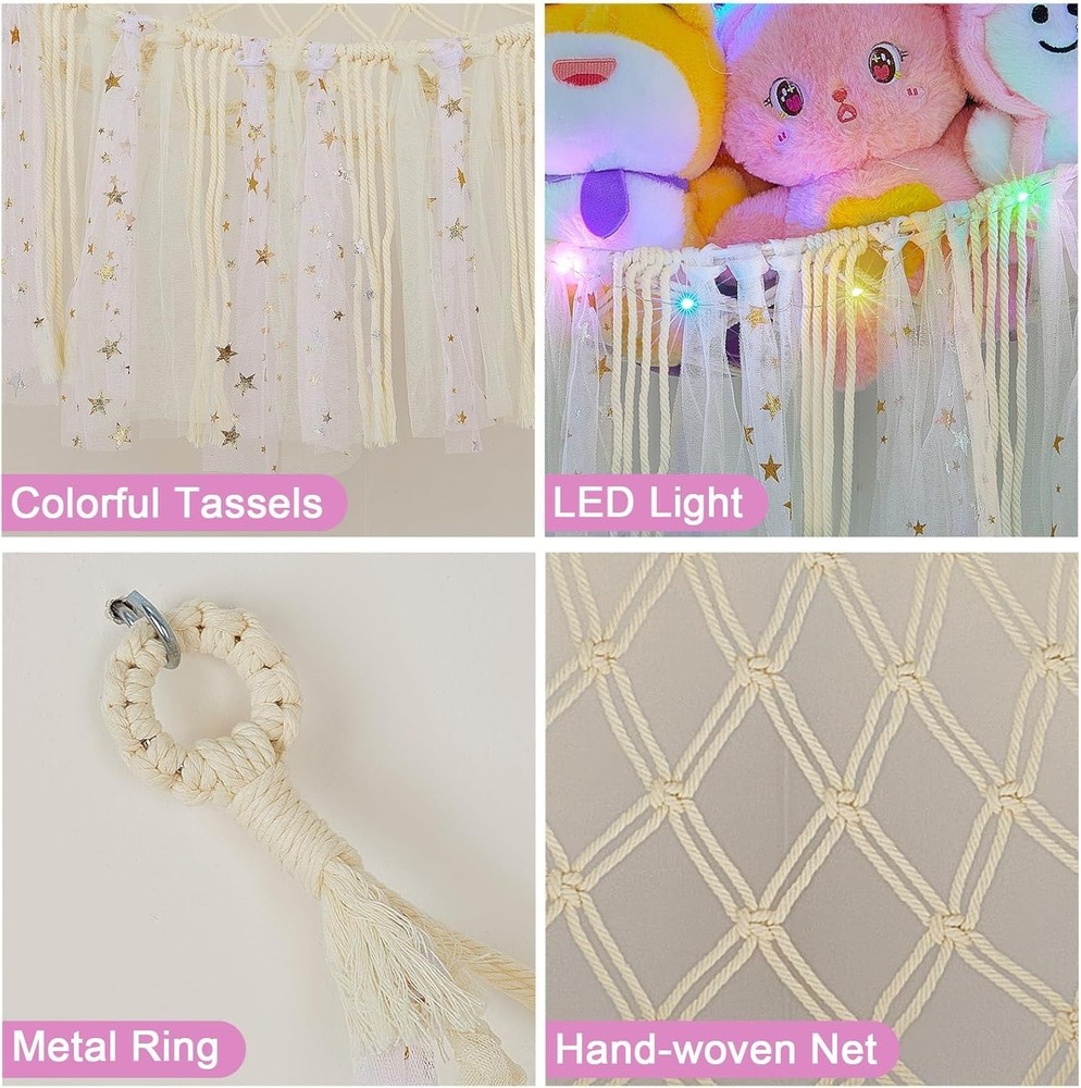 Durable Stuffed Animal Storage Hammock with LED Light - Perfect Nursery Decor