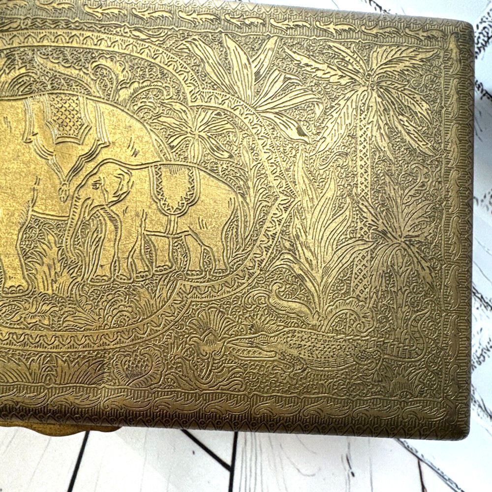 HAND TOOLED ENGRAVED SOLID BRASS STASH BOX CHEST ELEPHANT OX LION ELK HUNTER