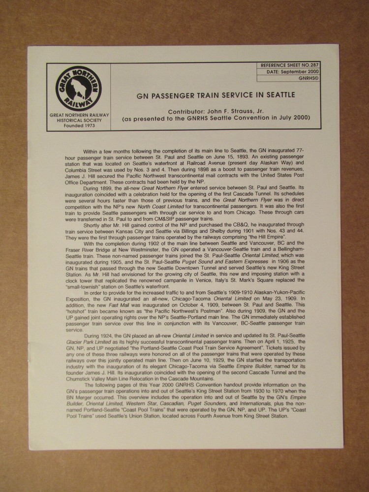 Great Northern Reference Sheet 287 Passenger Train Service in Seattle